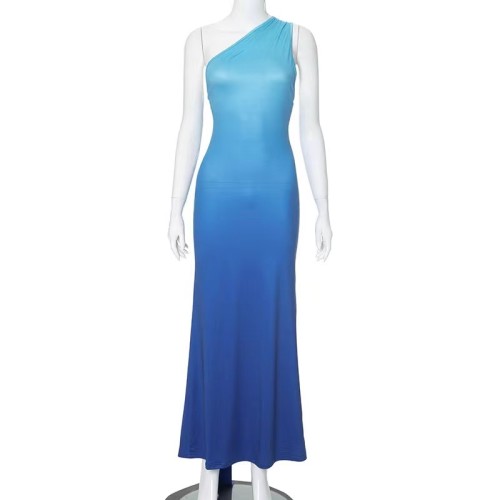 Blue One Shoulder Elegant Maxi Dress