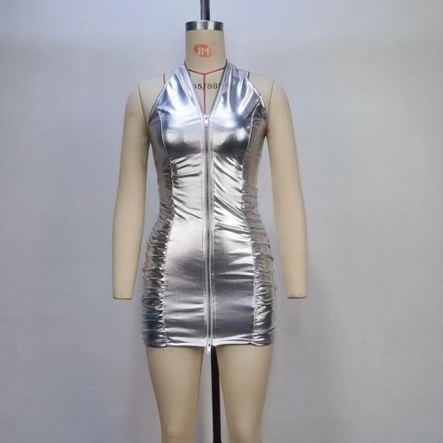 Silver Sexy Leather Zip Mini Dress