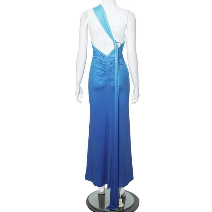 Blue One Shoulder Elegant Maxi Dress