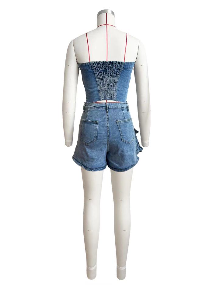 Cotton Denim Tube Top Shorts Set High Stretch