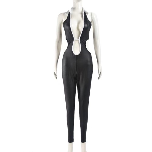 Faux Leather One Piece High Stretch Jumpsuit