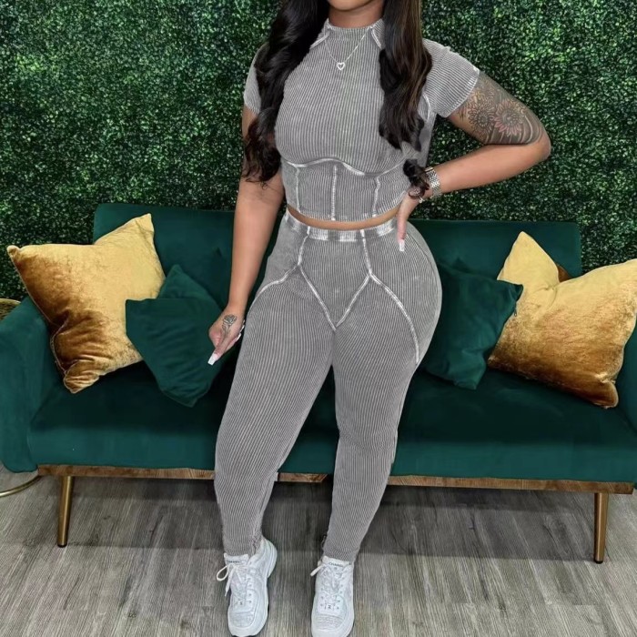 Acid Washed Cotton Crop Top Two Piece Set