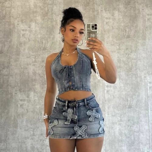 Denim Tank Top Cross Mini Skirt Set Low Stretch