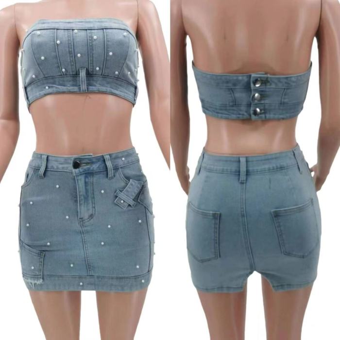 Bead Denim Tube Top Skirt Set High Stretch