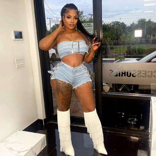 Rhinestone Denim Tube Top Shorts Set High Stretch