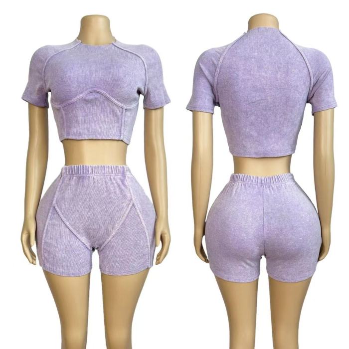 Acid Washed Cotton Crop Top Shorts Set