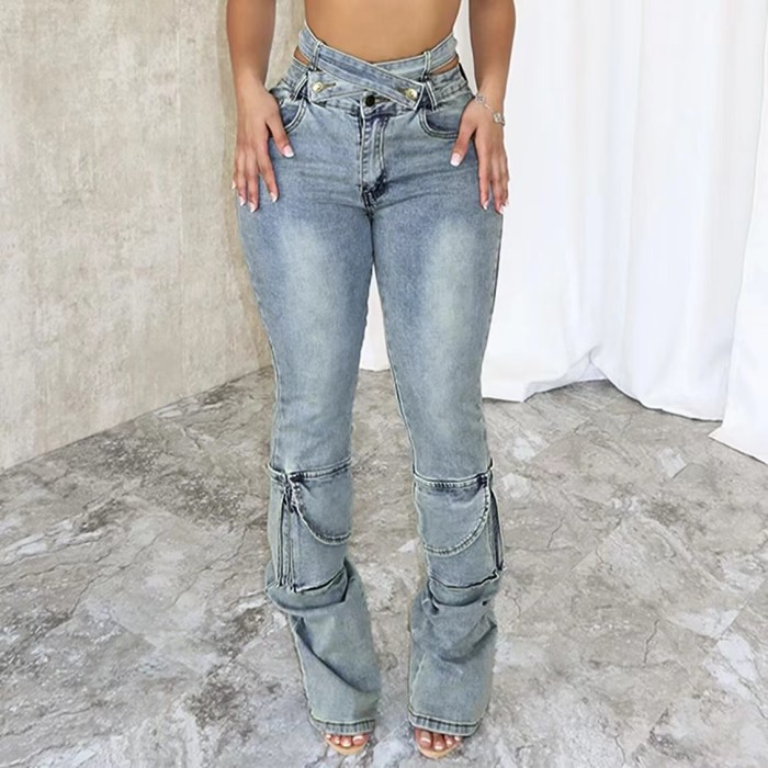 Cotton High Waist Denim Pants Midi Stretch
