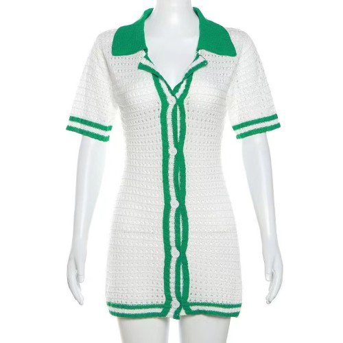 Green And White Knit Botton Dress