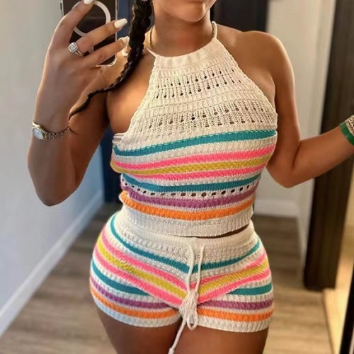 Knit Colorful Halter Tank Top Shorts Set