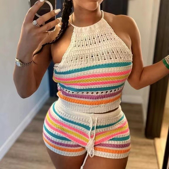 Knit Colorful Halter Tank Top Shorts Set