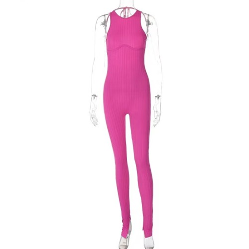 Hot Pink Rib Backless Jumpsuit