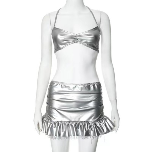 Silver Leather Bra Top Mini Skirt Set