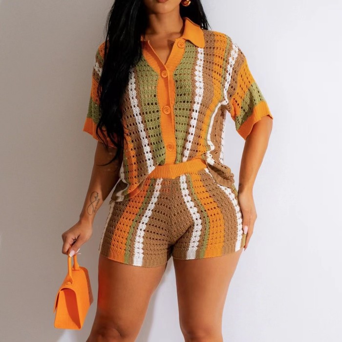 Knit Button Tee Shirts Shorts Set