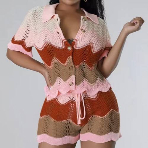 Knit Button Tee Shirts Shorts Set