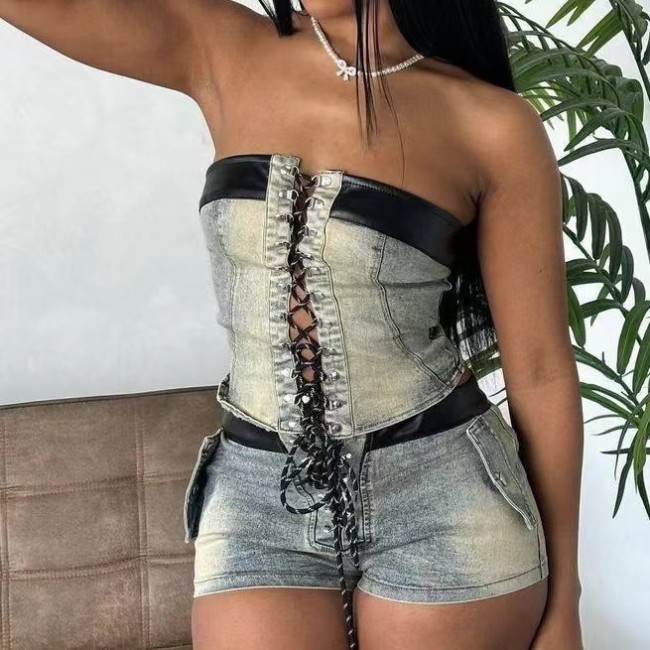 Leather Patchwork Tube Top Shorts Denim Set High Stretch