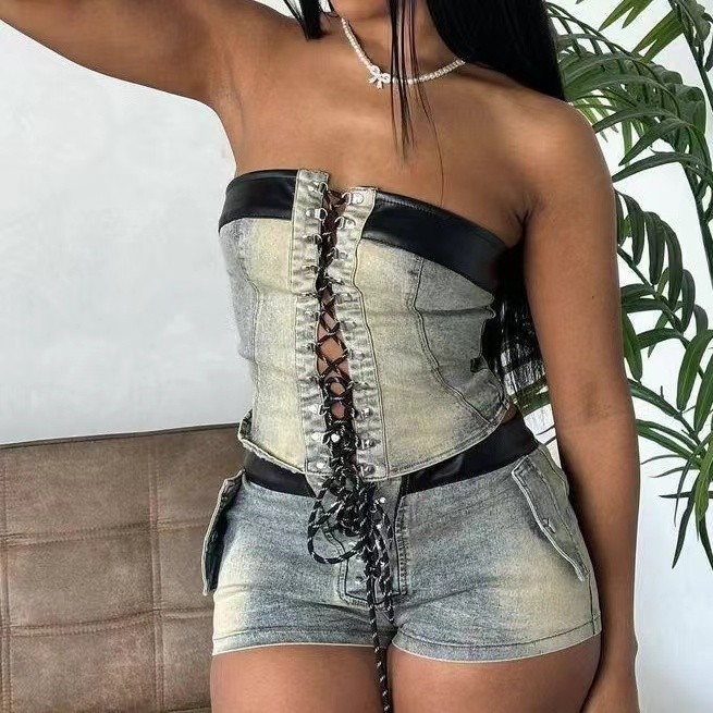 Leather Patchwork Tube Top Shorts Denim Set High Stretch