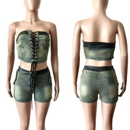 Leather Patchwork Tube Top Shorts Denim Set High Stretch