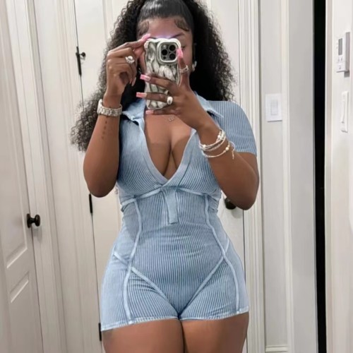 Cotton Washed Deep V Collar Jumpsuit