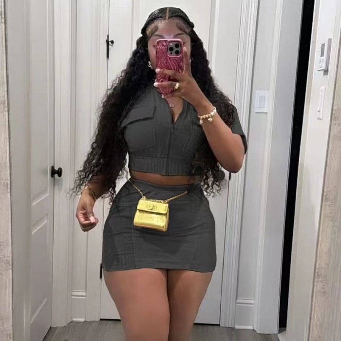Acid Washed Zipper Crop Top Mini Skirt Set