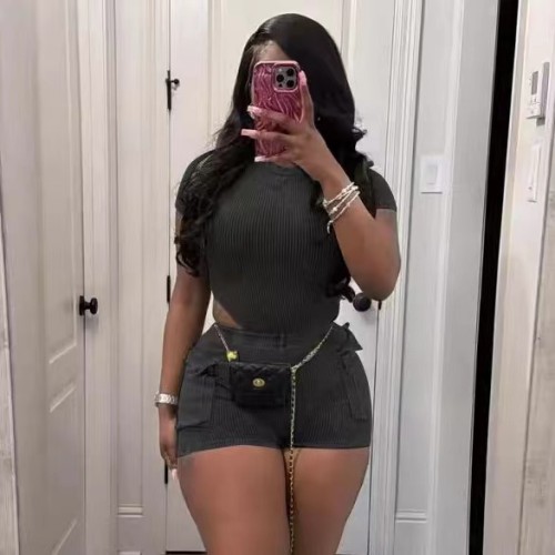 Acid Washed Crop Jumpsuit Shorts Set