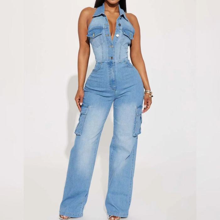 Collar Straight Cargo Jumpsuit Low Stretch