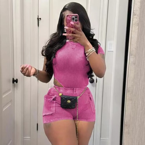 Acid Washed Crop Jumpsuit Shorts Set