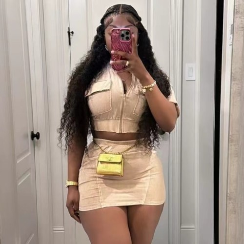 Acid Washed Zipper Crop Top Mini Skirt Set