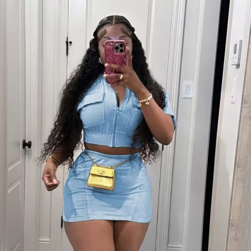 Acid Washed Zipper Crop Top Mini Skirt Set