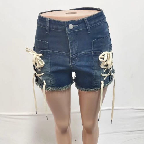 Lace Up Denim Shorts Midi Stretch