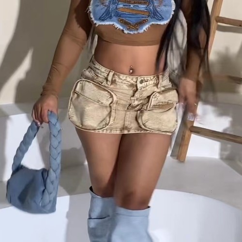 Denim Pocket Cargo Mini Skirt Low Stretch