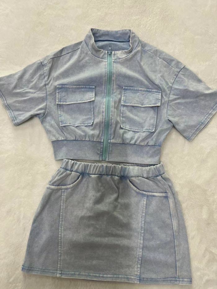 Acid Washed Zipper Crop Top Mini Skirt Set