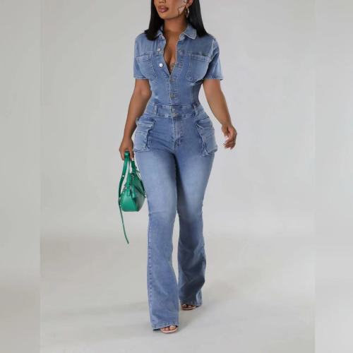 Button One Piece Cargo Denim Jumpsuit Midi Stretch