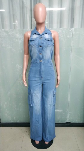 Collar Straight Cargo Jumpsuit Low Stretch