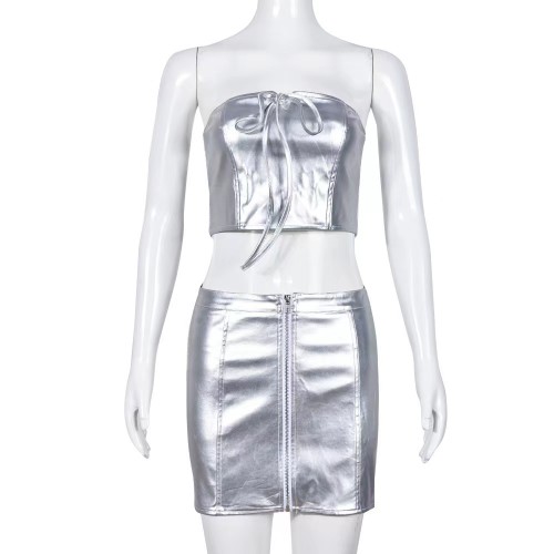 Silver Faux Leather Tube Top Mini Skirt Set