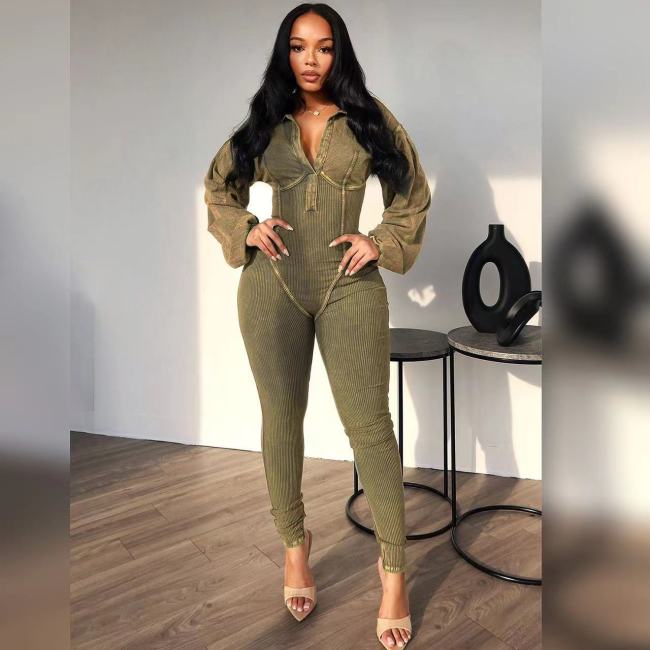 Fall Winter Acid Washed Bodycon Jumpsuit