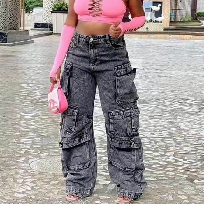 Wide Pockets Cargo Denim Pants Low Stretch