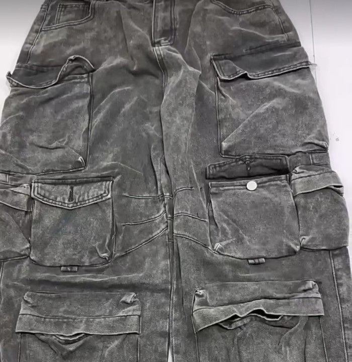 Wide Pockets Cargo Denim Pants Low Stretch