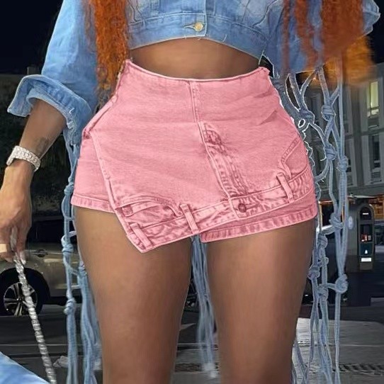 High Waist Irregular Denim Skort High Stretch