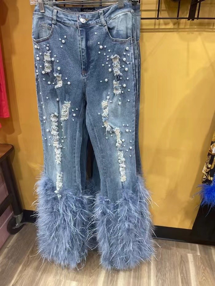 Ripped Pearls Straight Furry Denim Pants Low Stretch