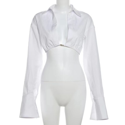 White Long Sleeve Crop Top Blouse