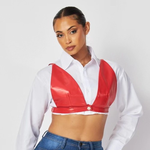 Leather Patchwork Crop Top Blouse