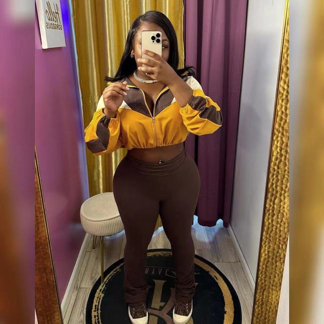 Patchwork Crop Jacket Two Piece Tracksuit