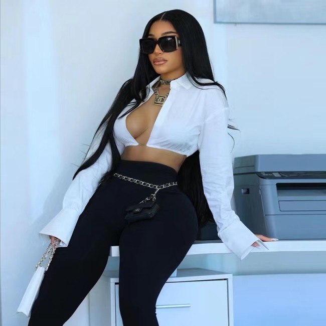 White Long Sleeve Crop Top Blouse