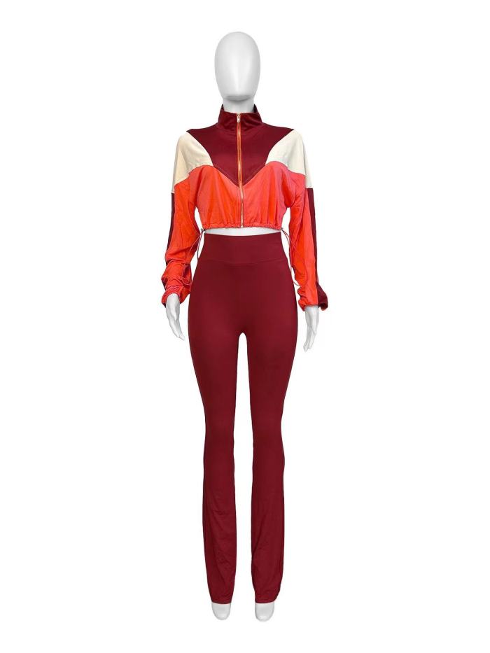 Patchwork Crop Jacket Two Piece Tracksuit