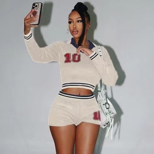 Knit Long Sleeve Crop Top Shorts Set