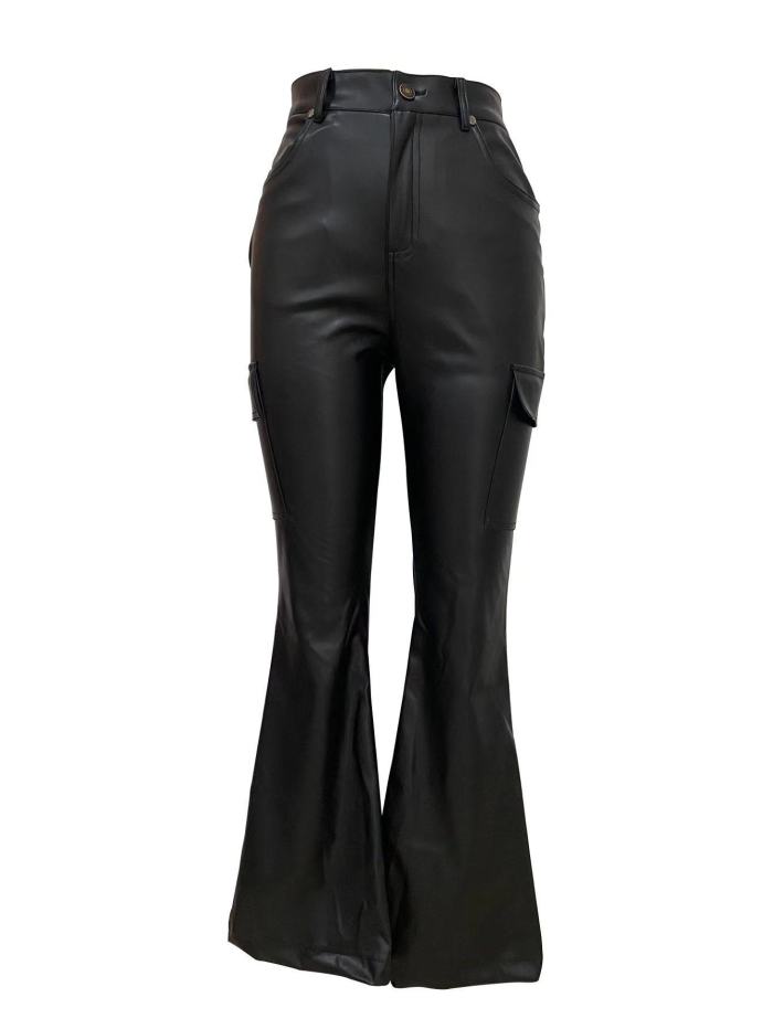 Black Leather Crop Jacket Flares Set
