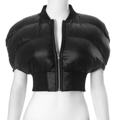 Black Puffy Cotton Crop Padded Jacket