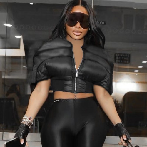 Black Puffy Cotton Crop Padded Jacket