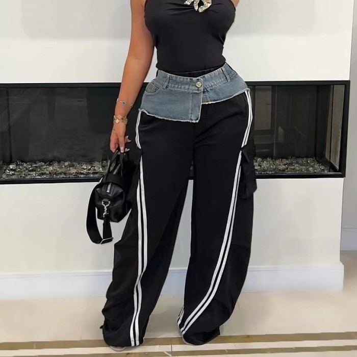 Denim Patchwrok Wide Leg Straight Casual Pants