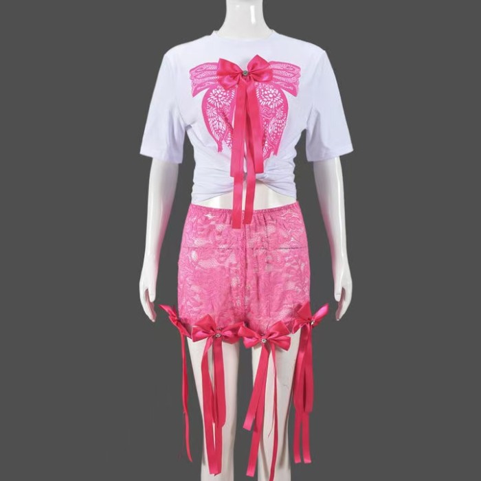 Bowknot Top 2 Piece Mesh Shorts Set